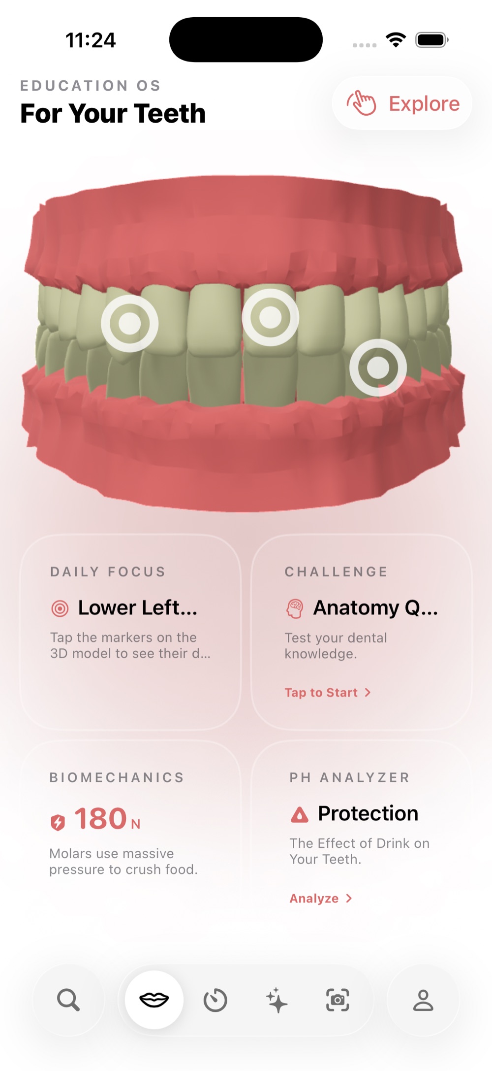 TeethLabs dashboard: interactive 3D tooth model with daily focus, anatomy challenge and pH analyzer cards